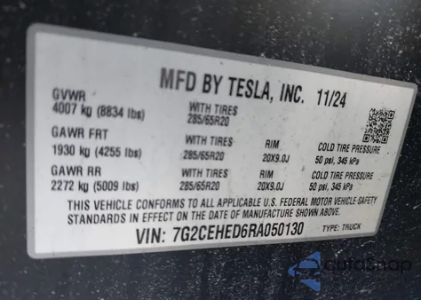 2024 Tesla Cybertruck All-Wheel Drive z USA, uszkodzony, nr VIN 7G2CEHED6RA050130